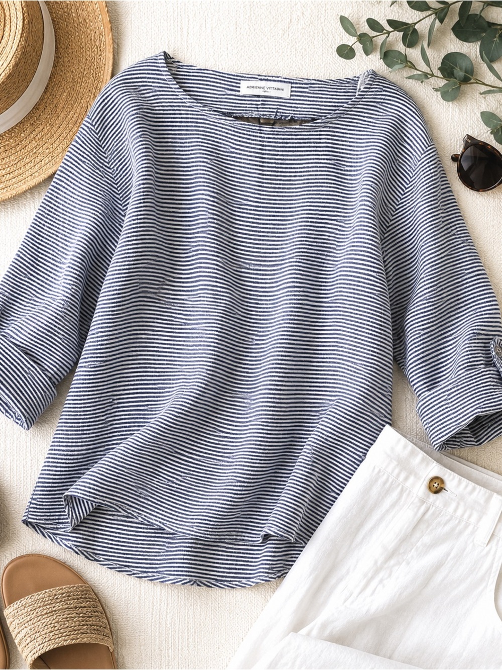 Adrienne Vittadini 100% Linen Striped Roll Tab Top Blue White Women’s M - Picture 1 of 7
